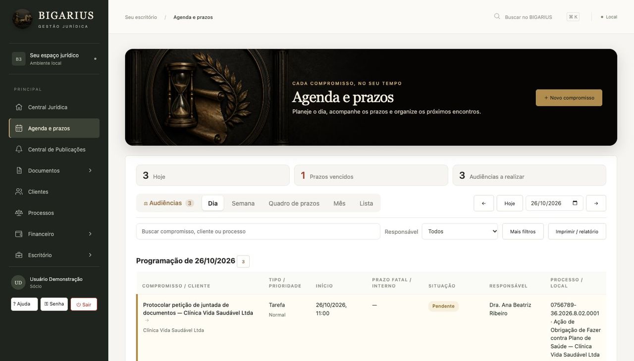 Tela da Agenda e prazos com a programação do dia