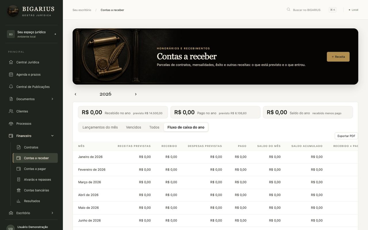 Tela do fluxo de caixa do ano no financeiro