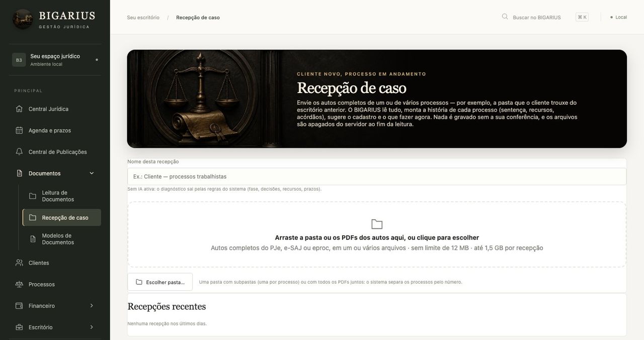 Tela de Recepção de caso para envio de autos completos